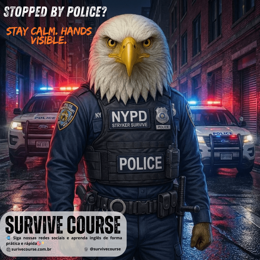 Mascote Stryker do Survive Course, uma águia antropomórfica vestida com uniforme da polícia de Nova York (NYPD), em uma rua de NYC com viaturas ao fundo.